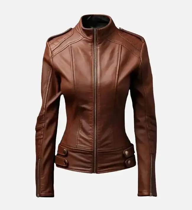 Women’s Bike Style Brown Leather Jacket