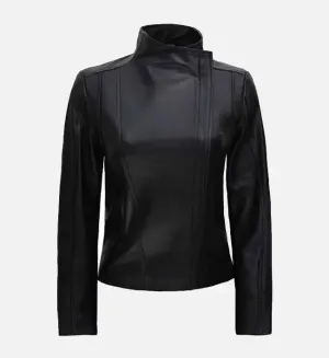 Women’s Black Flap Closure Cafe Racer Leather Jacket