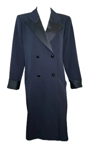 YSL Navy Blue Double Breasted Tuxedo Coat Dress with Matching Sash Belt