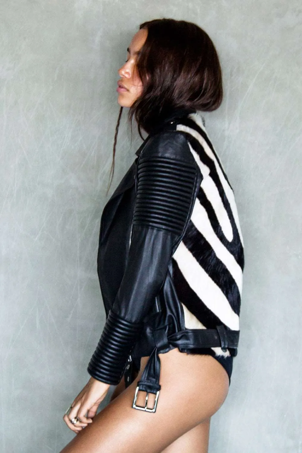 Zebra Print Leather Biker Jacket - Black