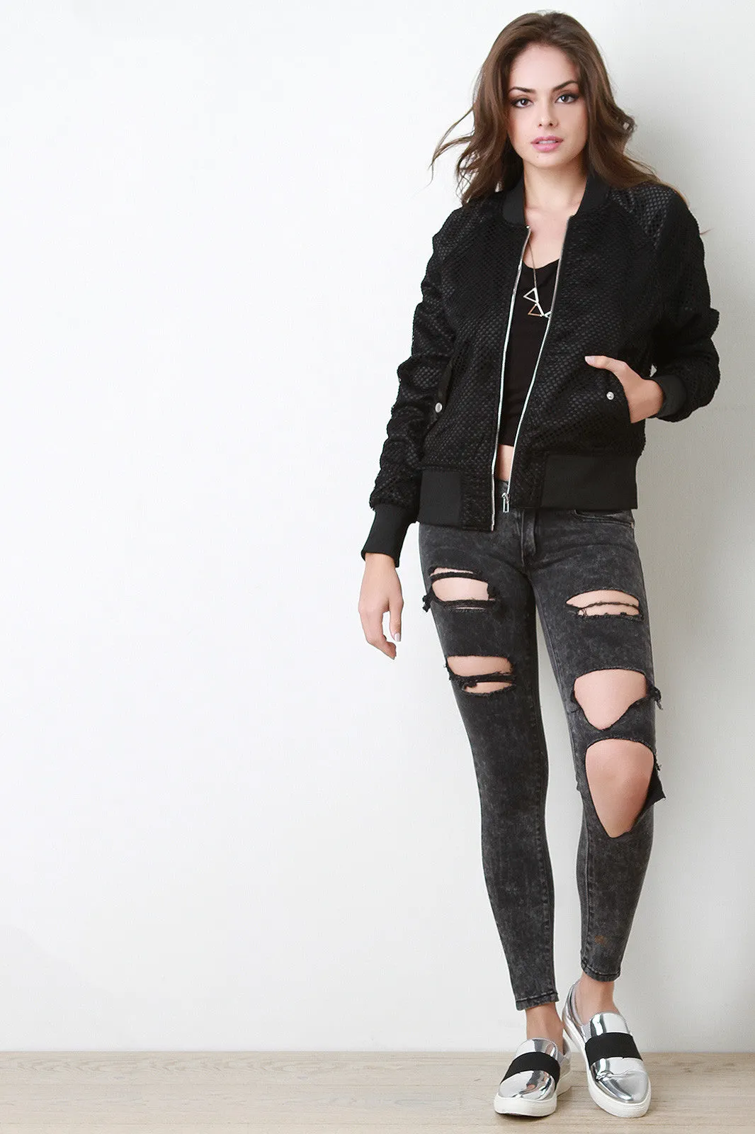 Zip Up Fishnet Mesh Bomber Jacket